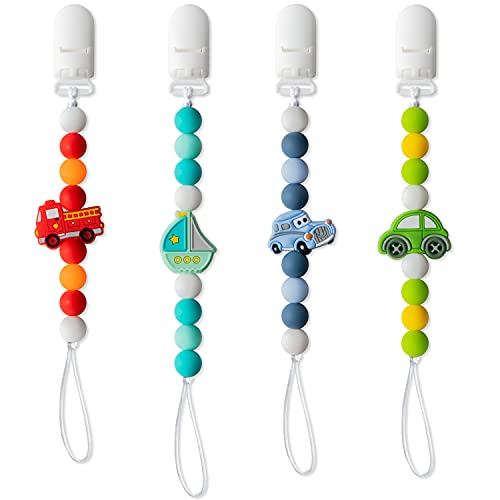Image of 4Pcs Silicone Pacifier Clip for Infant Babies Teething Soothie Toy Fire Truck Car Classic Car Sailboat, Pacifier Clip Babies Teethers Clips for Baby Shower Birthday Keepsake Christmas New Year Gift