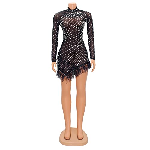 ENOPINK Women Sexy Rhinestone Feather Dress Mesh Sheer Bodycon Long Sleeve Mini Dresses Birthday Outfits Clubwear4