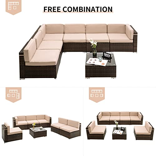 Udpatio Outdoor Patio Furniture Sets 7 Pieces Outdoor Sectional Furniture, Pe Rattan Sofa Wicker Patio Conversation Set With Cover For Deck Balcony Yard Poolside W/Coffee Table Thicken Cushions, Khaki #TOP7