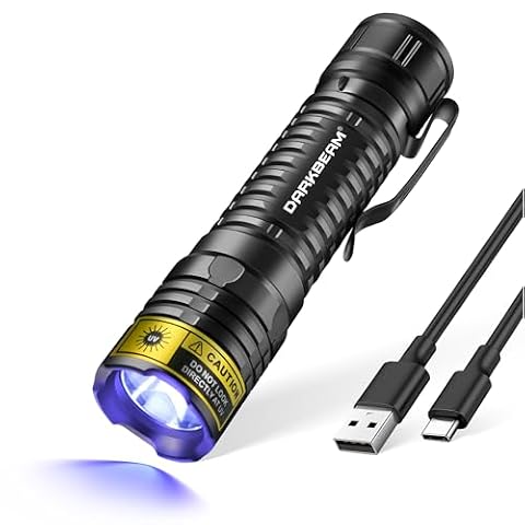DARKBEAM Latarka UV 395nm Blacklight Czarne światło LED, Mini potężna Woodsche Lampa Latarki ultrafioletowe USB -C Akumulator Detektor moczu dla Pies do szkła uranowego, Plamy, utwardzania żywicy