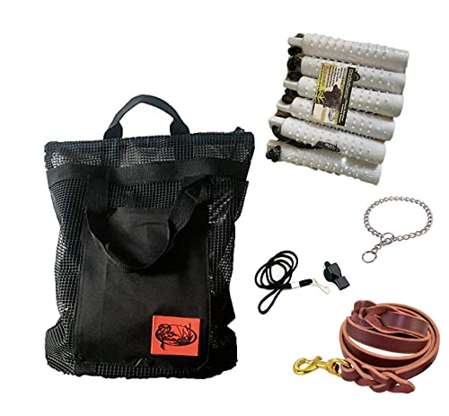 Dog Training Kit – (6 pack) 2 inch Training Bumper – White with Mesh Bumper Bird Bag Dog Training Dummy Bumper Storage Bag and whistle & lanyard combo, braided leash, and Training Chain