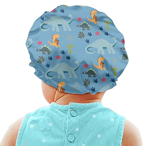 Image of Dinosaur Blue Print Kids Satin Sleep Cap, Elastic Adjustable Band Hat Night Sleeping Head Cover for Hair Stylish Satin Bonnet Breathable Beanie Hat for Girls Boys Toddler Baby