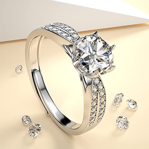 ATESSON S925 Engagement Ring Round 6 Prongs Zircon Diamond Wedding Rings for Women Promise Rings for Her Adjustable Ring(Size 5-10)3