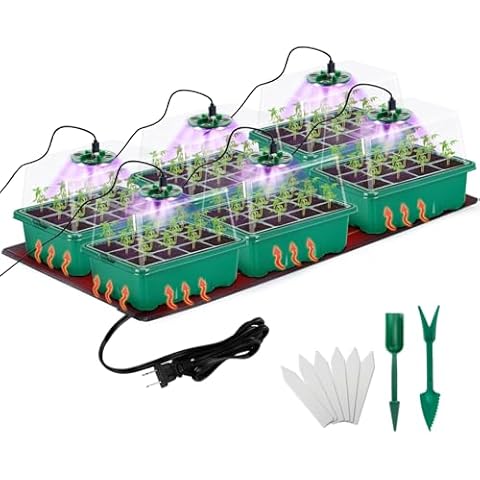 Apipi Seed Starter Tray with Grow Light & Heat Mat- 6 Pack 72 Cell Durable Easy Use Seed Starter Kit for New Gardener, Rapid Seedling Germination Kit with Humidity Domes for Plant Growing Propagation Cover