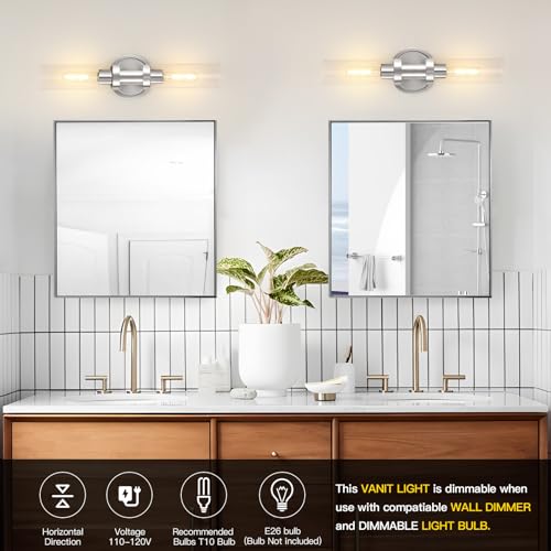 Image of Brushed Nickel Wall Sconces,2-Light Bathroom Vanity Light Fixture, Modern Bathroom Sconces Wall Lighting Clear Glass Shade, Horizontal and Vertical Wall Mount Lamp for Mirror Hallway Kitchen