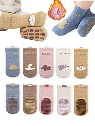 Image of BEHELE Baby Non-skid Grip Socks Toddler Socks Warm Thick Anti Skid Slipper Crew Socks for Girls Boys Newborn Infant