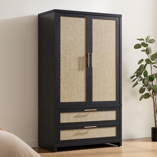 Image of SICOTAS Rattan Armoire Wardrobe Closet Cabinet, 71 inch Wardrobe Storage Cabinet with Doors, 2 Drawers and Hanging Rod, Boho Large-Capacity Deep Armoire Clothes Organizer for Bedroom, Black Oak