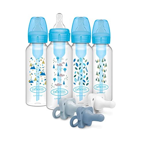 Image of Dr. Brown's Anti-Colic Options+ Baby Bottles, Narrow, Blue Nature Designs, 8oz, 4 Pack & HappyPaci 100% Silicone Pacifier 0-6m, BPA Free, White, Blue, Light Blue 3-Pack