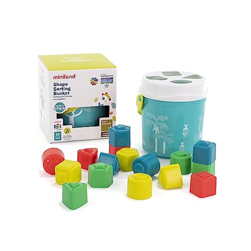 Miniland Cubo de Formas encajables Turquesa. Juego de Habilidad para bebés de 1 a 2 años, Fabricado en España con Materiales sostenibles. Colección Feel to Learn.