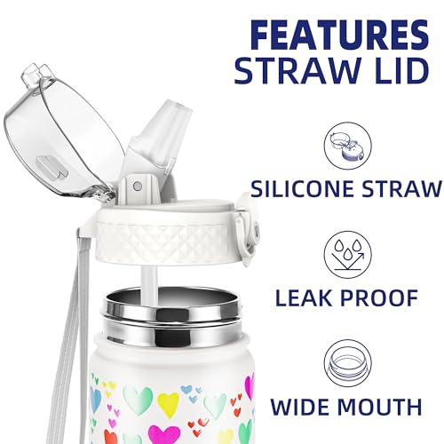 GOPPUS 420ml/14oz Kids Insulated Water Bottle with Straw Cute Double Wall Stainless Steel Child's Small Flask Vacuum Insulated Steel Metal Leak Proof Drink Flask Boys Toddler Girls Bottles BPA-Free - Image 2