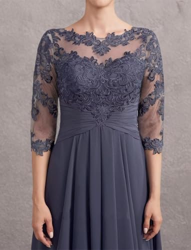 Image of GDJDIFK Tea Length Chiffon Mother of The Bride Dresses - Lace Applique 3 /4 Sleeves Ruched Waist Formal Gown for Wedding Guest Yellow
