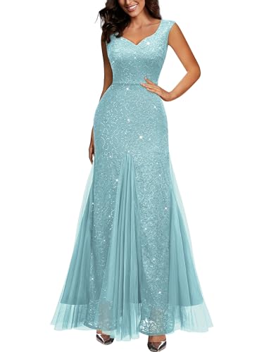 Image of Miusol Women's Elegant V Neck Sleeveless Sequin Lace Evening Party Dress