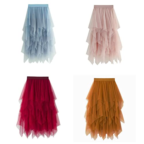 JHDESSLY Saia midi de tule justa evasê cintura elástica de fada comprimento do chá saias assimétrica