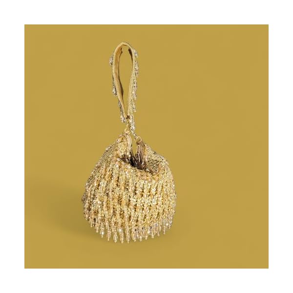 IBRA HANDICRAFTS Ladies/Women Gold Nakaa Tikki Beaded Tassel Fringes Bridal Potly Bag Wristlet Purse for Wedding (Golden Sweat Velvet) - Image 3