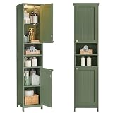 VASAGLE Armoire de Salle de Bain Haute avec Éclairage, Meuble de Rangement Mince, avec Étagères Réglables, Largeur 40 cm, pour Les Petits Espaces, Moderne, Vert Forêt BBC766CH03