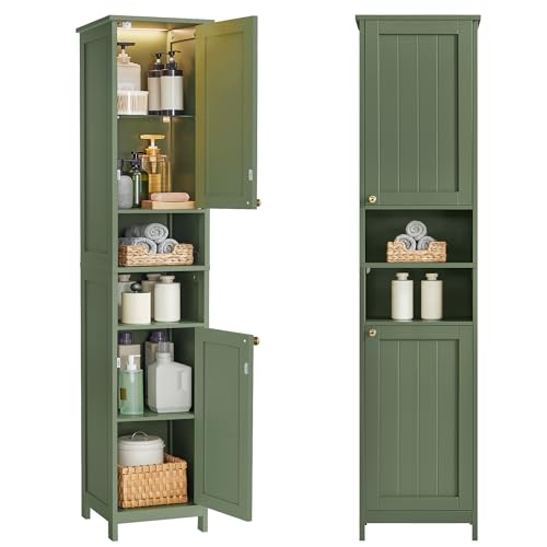 VASAGLE Armoire de Salle de Bain Haute avec Éclairage, Meuble de Rangement Mince, avec Étagères Réglables, Largeur 40 cm, pour Les Petits Espaces, Moderne,...