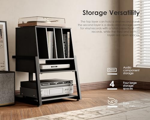 Image of FITUEYES Record Player Stand with Vinyl Record Storage, Turntable Stand with Station up to 120 pcs, Small Entertainment Center for Living Room (Black)