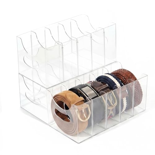 Belt storage Organizer for Closet with Removable Dividers - 5 Compartments & Handles Drawer organization and storage for underwear, Socks, and Bow Ties Acrylic Belt Organizers (3pack)
