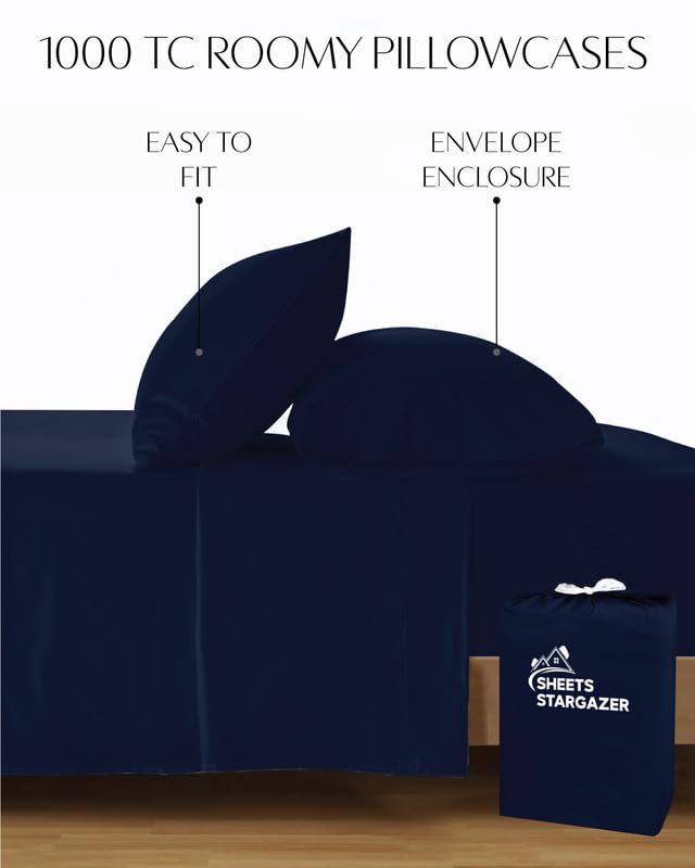 Image of 1000 Thread Count 100% Egyptian Cotton Pillow Cases, Set of 2 Pillowcase, Long-Staple 100% Cotton Breathable, Soft Sateen Weave Bed Pillow Cover, 20 X 40 Inches Pillowcases Navy Blue King Size
