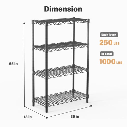 Image of AHEONLAR 4 Tier Grey Storage Racks and Shelving - 36 inch Lx18 inch Wx60 inch H Heavy Steel Material Pantry Shelves - Steel Organizer Wire Rack, Suitable for Warehouses, Closets, Kitchens