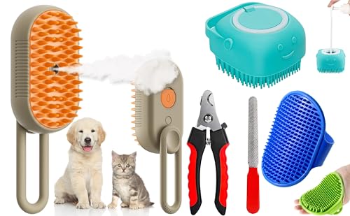 Bekin 4‑in‑1 Pet Grooming Set – Bath Brush Steam Brush 3 in 1 Water Brush Brush + Silicone Bath & Massage Tool + Adjustable Rubber Bath Scrubber + Ergonomic Nail Clippers – for Dogs & Cats