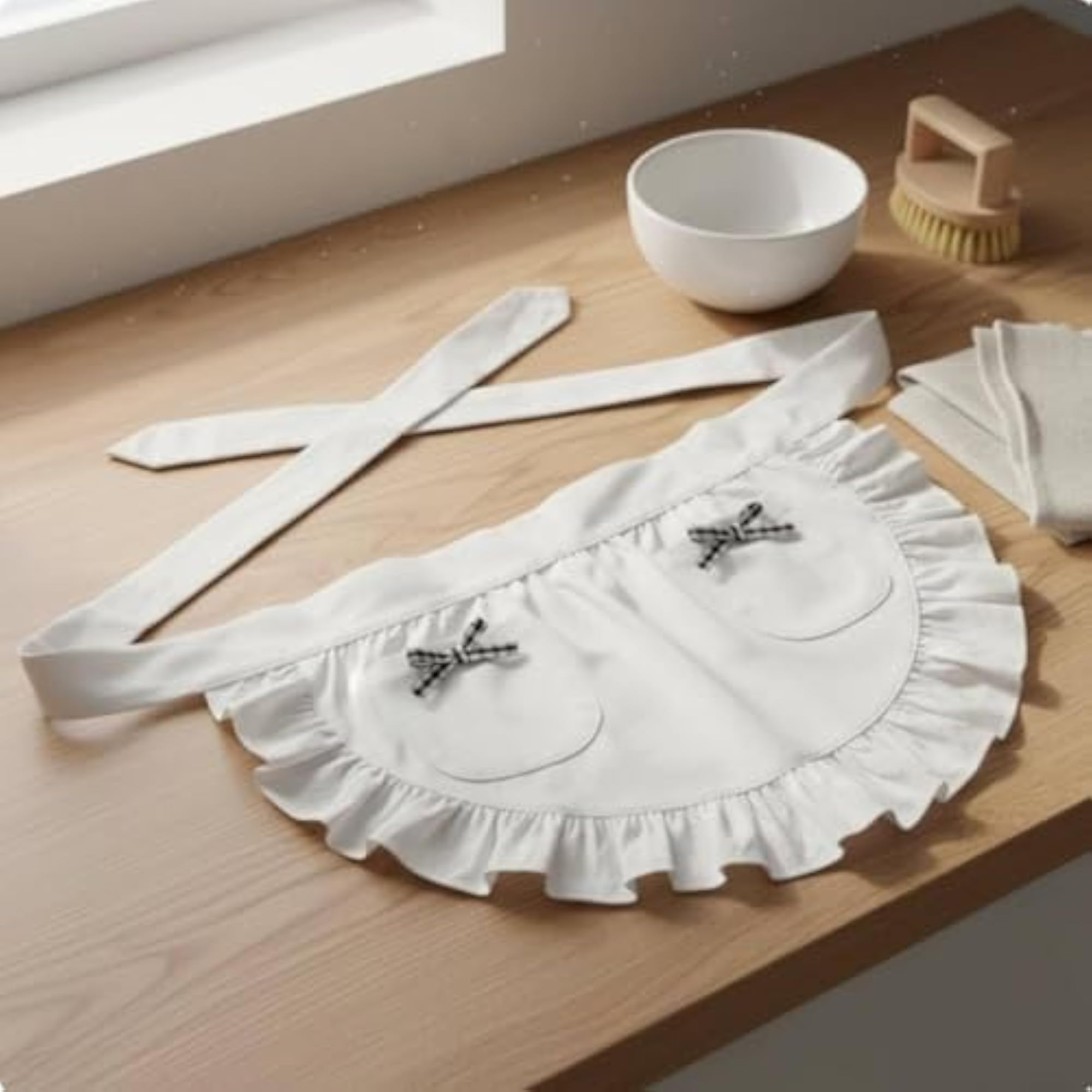 Vintage Inspired Maid Design Short Apron, Ruffled Half Apron