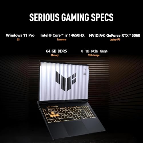 Image of ASUS TUF F16 Gaming Laptop, 64 GB DDR5, 8 TB SSD, 16 inch FHD+ 165Hz Anti-Glare Display, Intel 16-Core i7 14650HX(Up to 5.2 GHz), NVIDIA GeForce RTX 5060, RGB Backlit KB, Windows 11 Pro, w /Accessories