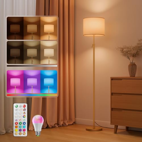 VARICART LED Stehlampe Höhenverstellbar RGB Farbwechsel Leinen Schirm 152-175cm Teleskopstange Stehleuchte Magnetische Fernbedienung 1200lm 10W 1600K Blaulichtfrei Dimmbar Leselampe Gold
