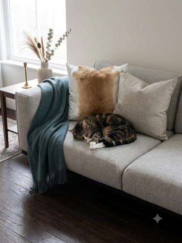 Luxury Handmade Real Rabbit Fur Pillowcase, Natural Light Brown Fur and Off-White Velvet Fabric Back, 18 * 18 inch, Handmade in the US — view 7