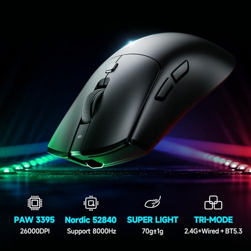 Image of RAWM MH01 Wireless Lightweight Gaming Mouse, PAW3395 Optical Sensor, 26000 DPI, 600mAh Rechargeable Battery, 7 Programmable Buttons, Dual-Driver Gaming Mice for PC /Laptop /Mac