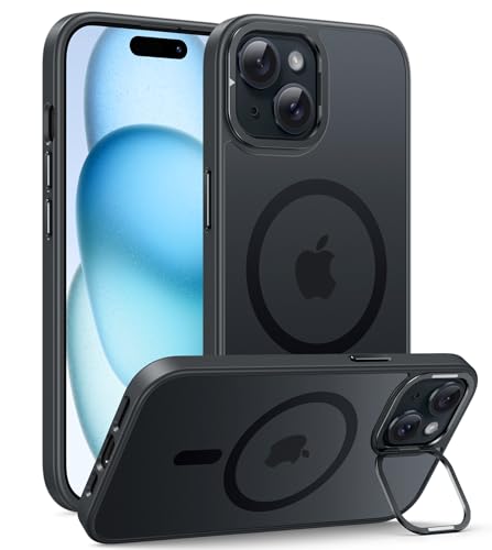 Image of FNTCASE for iPhone 15 Phone Case: Strong Magnetic Slim Matte Protective Case with Kickstand | Shockproof Drop Full Protection Anti-Fingerprint Thin Translucent Frosted Cover(Black)