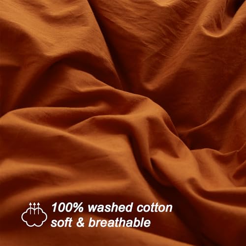 Sunstyle Home 100% Washed Cotton Duvet Cover Set Breathable Soft Queen Rust Duvet Cover 3 Pieces Solid Color Bedding Set With Buttons Closure Comforter Cover Set thumb #4