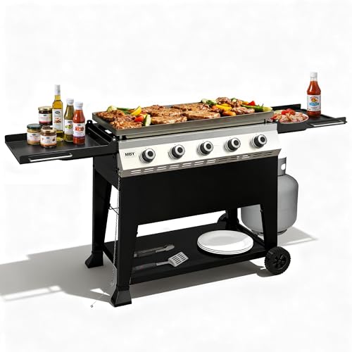 36 Inch Outdoor Flat Top Gas Propane Griddle with 5 Burners 50 000BTU Powder Coated Steel Portable Gas Grill with Side Shelves for BBQ Camping Backyard