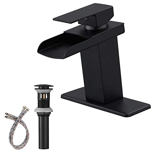 Black Bathroom Sink Faucet Waterfall Single Handle Single Hole Lavatory Faucets with Drain and Supply Hose Included for Commercial and Residential Deck Mount