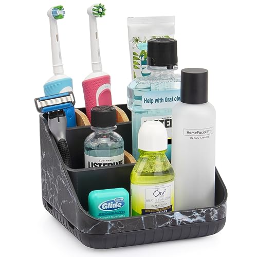 Chintu Toothbrush Holders for Bathroom Counter Organizer - 6 Slots Tooth Brushing Holder for Family Kids, Electric Toothbrush and Toothpaste Holder for Vanity Countertop Storage Black Marble