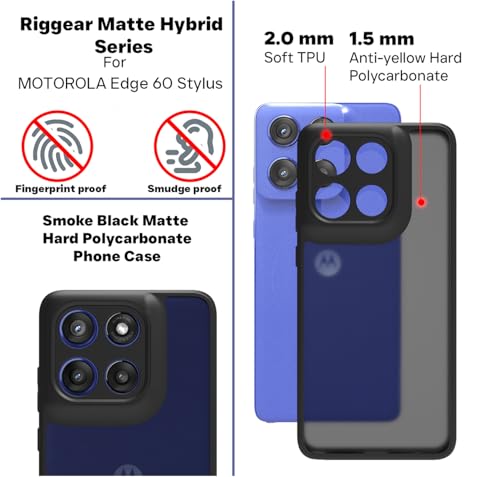 Image of RIGGEAR Shockproof Sleek Hybrid Armor Back Cover Case for Motorola Moto Edge 60 Stylus 5G (Smoke Black Matte PC with Black TPU Bumper)