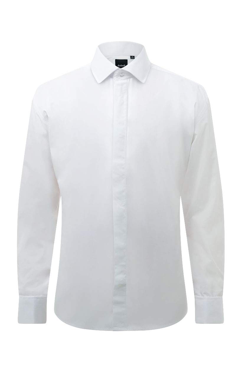 Dobell Mens White Tuxedo Shirt Slim Fit 100% Cotton Laydown Collar Double Cuff Plain Fly Front