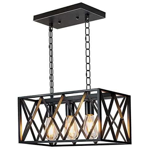 Pynsseu Industrial Kitchen Island Pendant Lighting, Rectangular Vintage Rustic 3-Light Hanging Pendant Light Fixtures for Kitchen Farmhouse, Bar, Dinning Room Cover