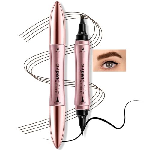 Boobeen 2 en 1 Micro Eyebrow Pen, lápiz de cejas de doble punta para mujeres, con punta de 4 puntas y punta de pincel precisa, resistente al agua, trazos como el pelo