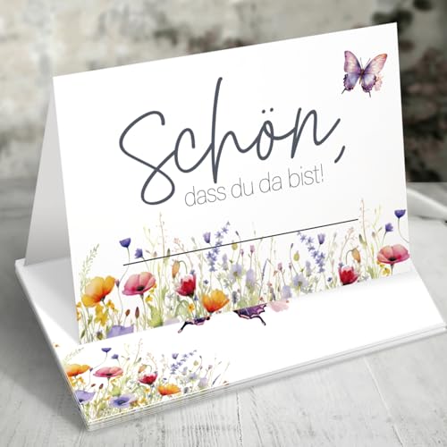 50 Tischkarten Schön dass du da bist - Florales Aquarell-Design mit Schmetterling - Platzkarten für Hochzeit Taufe Geburtstag Konfirmation - Tischdeko Frühling/Sommer - Funke & Brand