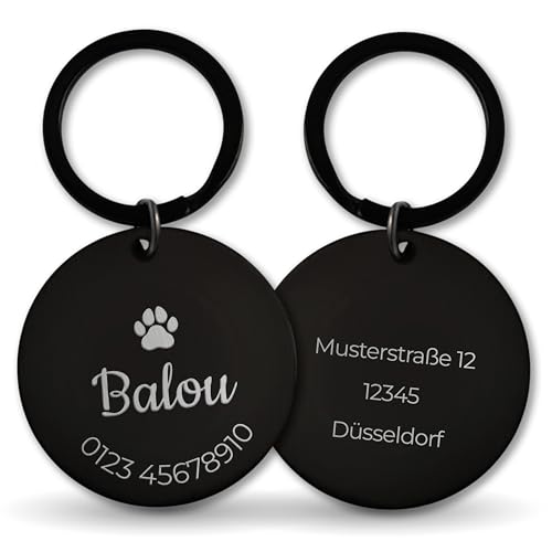 LAUBLUST Personalisierte Hundemarke mit Gravur für Halsband - Rund, Schwarz, Edelstahl | Größen S, M, L - Personalisiertes Geschenk für Hunde, Hundebesitzer mit Name als Hundezubehör, inkl Geschenkbox