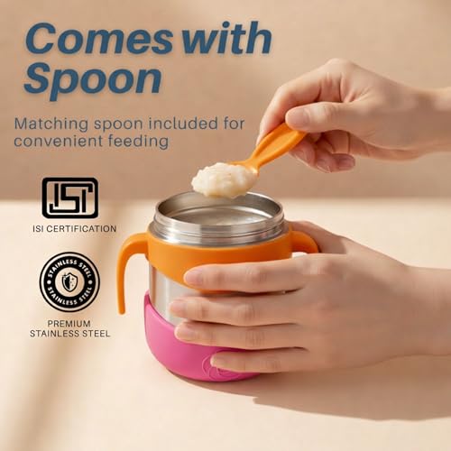 Image of Speedex Kids Insulated Food Jar 320ml Tango Pop (Orange), Stainless Steel Lunch Box with Handle & Spork, Leak Proof BPA-Free Double Wall Vacuum Tiffin, Hot & Cold Food Container