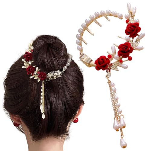 Pince à cheveux en métal rose aux détails de fleurs rouges vintage