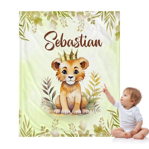 J&SBGFT Custom Baby Boy Lion Blanket with Name,Receiving Blanket for Toddlers Kids Nursery Stroller...