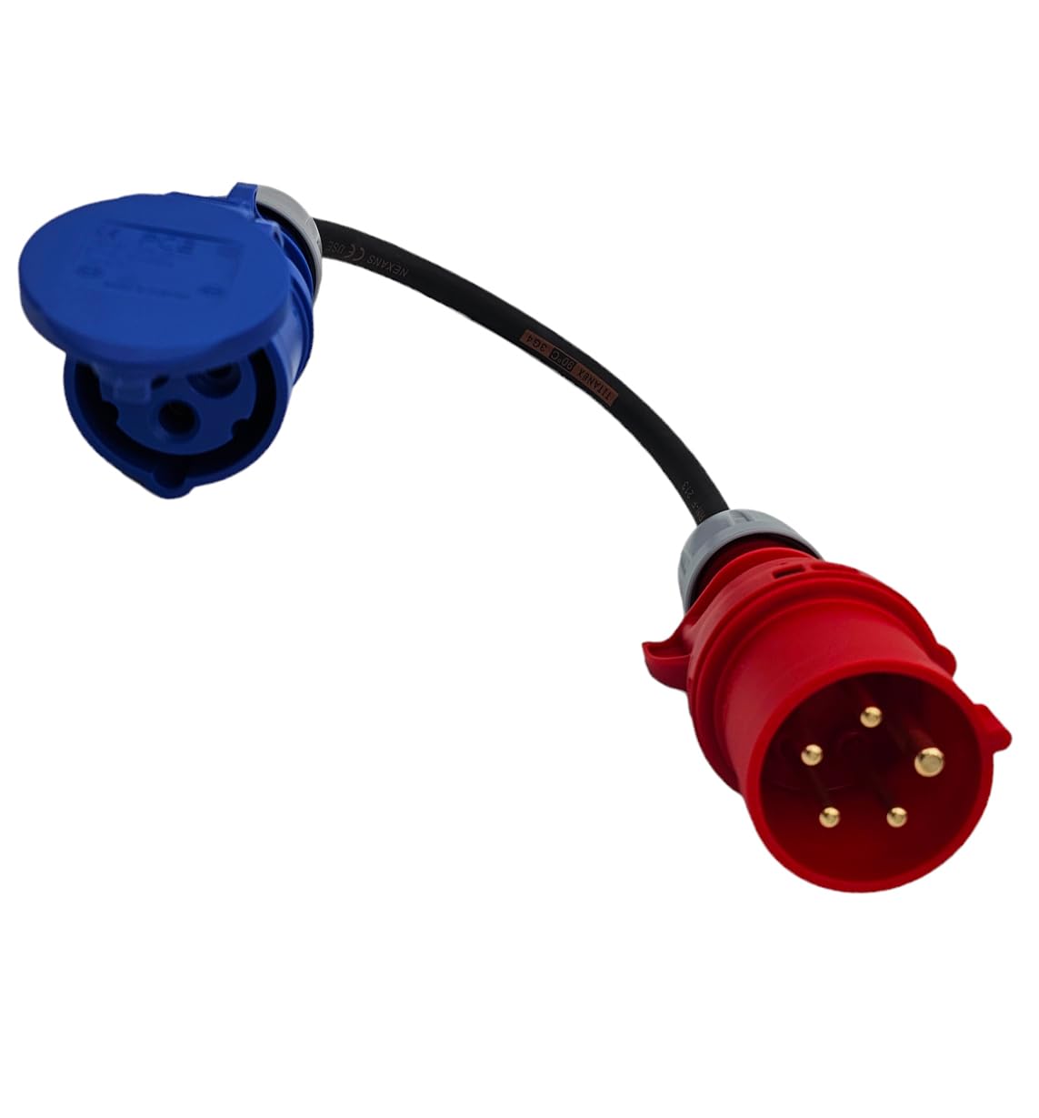 UK Made 400v 3-Phase CEE Plug to 240v L1 Fly Lead Converter (Red 16A 400v Plug to Blue 16A 240v CEE Coupler)