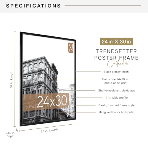 MCS Trendsetter 24x30 Poster Frame Black High-Gloss, Vertical & Horizontal Wall Hanging Large Picture Frame for Photos, Posters & Art Prints (1-Pack)