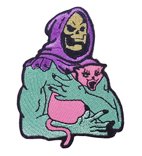 Skelett Umarmung Katze Stickerei Patch Eisen On Nähen Auf Applikationen Katze Schädel Patches Stickerei Applikation für Jeans Jacken und Kleidung Cover