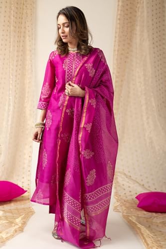 Image of GoSriKi Women's Rayon Viscose Straight Printed Kurta with Pant & Dupatta