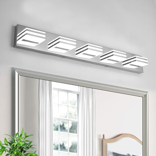 Image of LED Vanity Lighting 30W Lights for Mirror 5 Light Bath Wall Lamps 34 Inch Bathroom Sink Lights over Vanity Modern Long Bath Lights Bars Chrome Wall Sconces Light for Bathroom Restroom 6000K