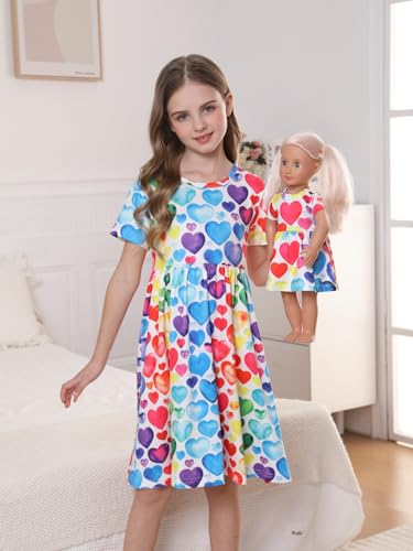 Bow Dream Girl Dress and Matching American Girl Doll Clothes for Girls Heart Shaped Print Size 1104